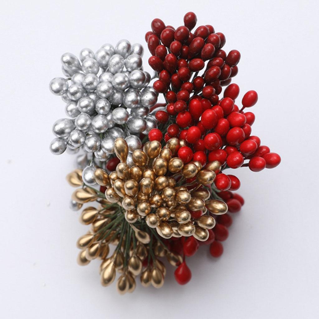 200pcs Artificial Double Head Berries DIY Craft Golden Silver Red Dark Red