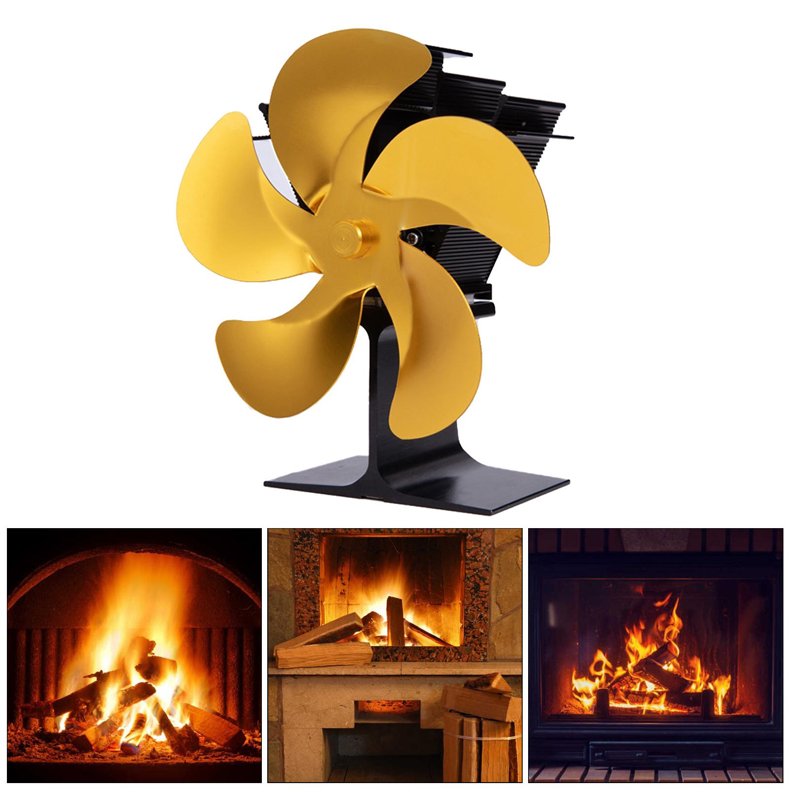5 Blades Fireplace Fan Wood Stove Top Fan Eco Fuel Saving Golden