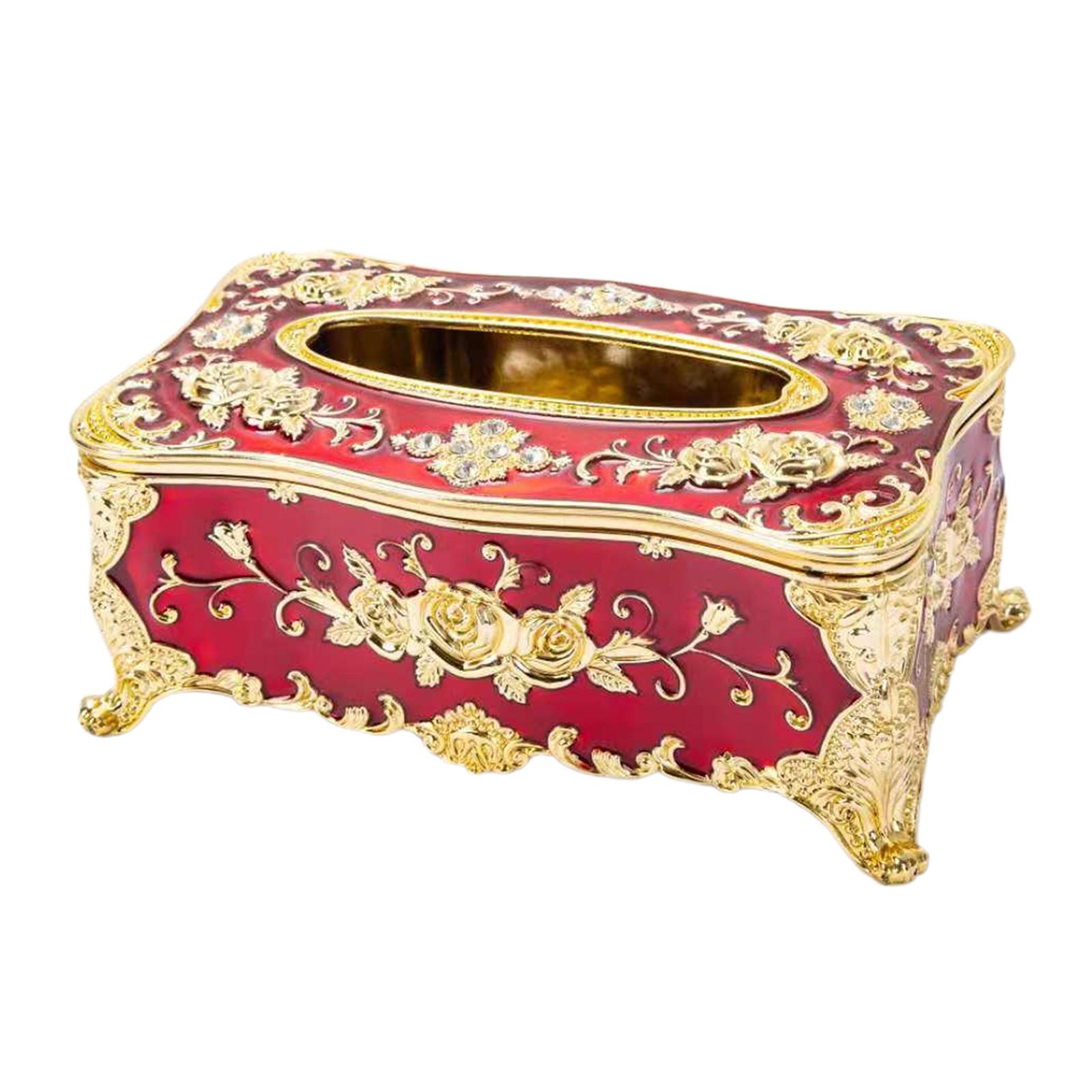 Home Rectangular Tissue Paper Box Case Holder Cover Red Golden