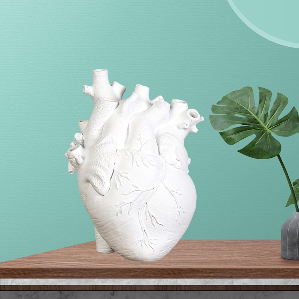 Anatomical Heart Vase Resin Statue Flower Pot Ornament White 13x9x17CM