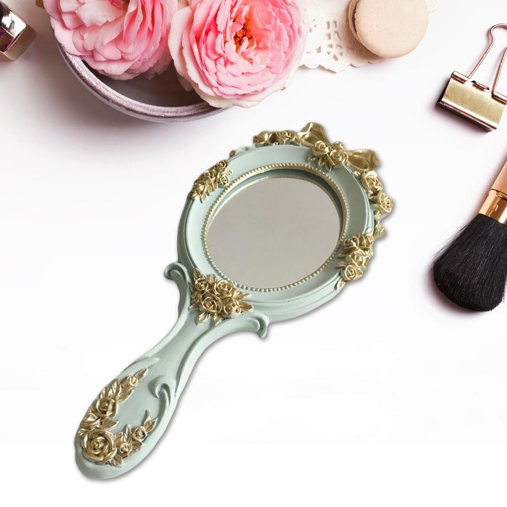 Handheld Mirror with Embossed Rose Pattern for Makeup, Oval Shape Blue