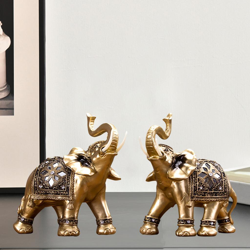 2x Golden Elephant Statue Fengshui Sculpture Car Shelf Shopwindow Figurine