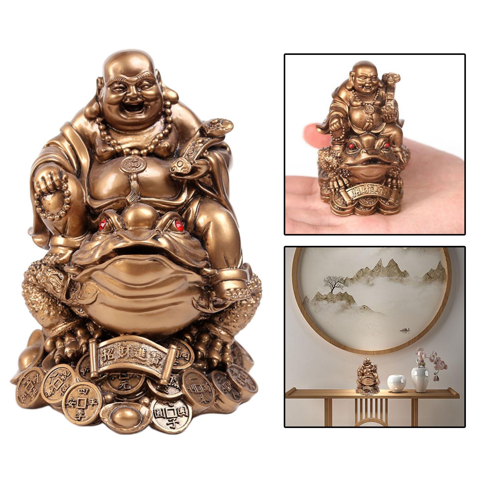 Laughing Buddha Sit On Money Frog Statue for Tabletop Decoration Bronzes