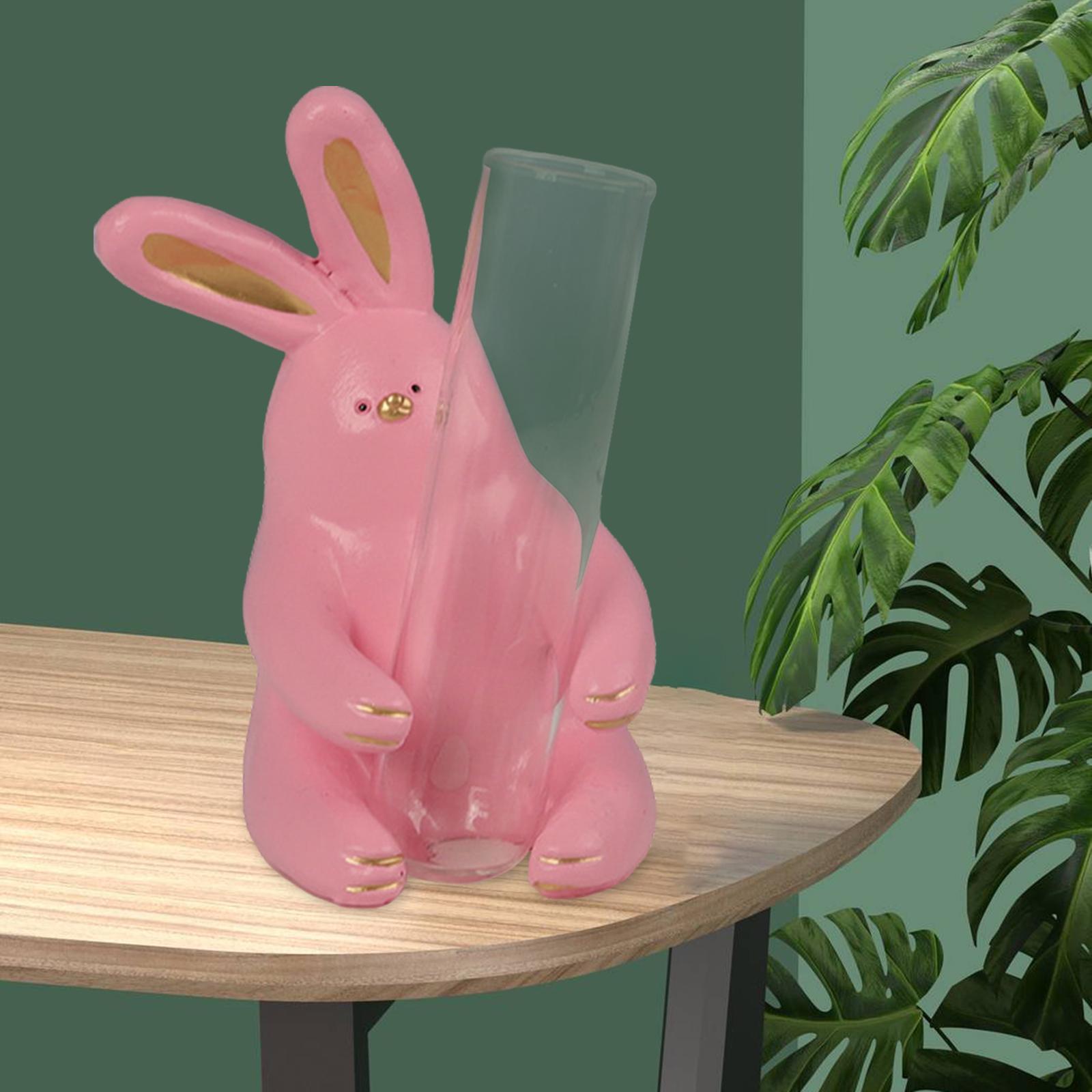 Clear Bud Vase with Animals Figures Flower Vase Home Decor Pink Rabbit