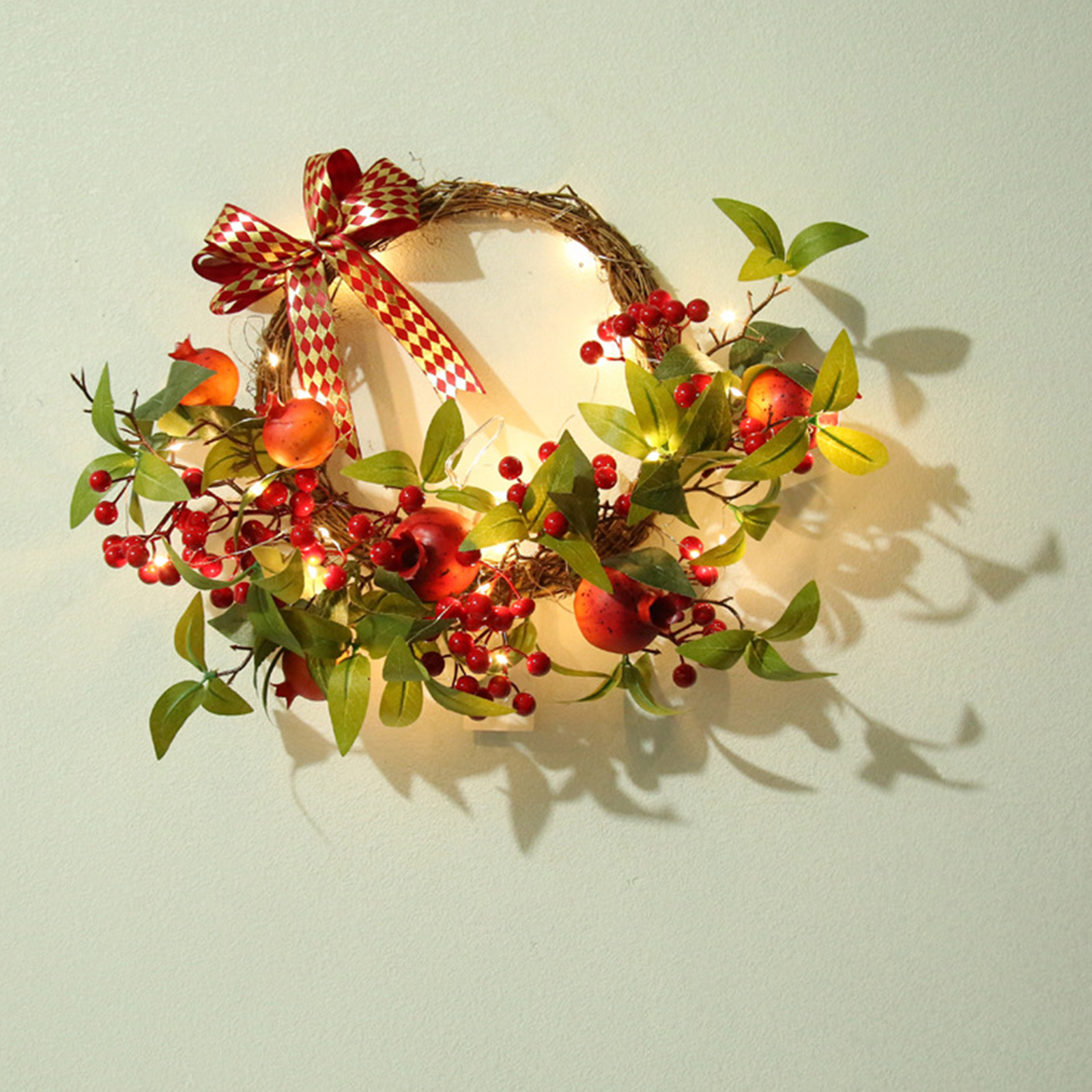 Christmas Rattan Wreath Hanging Pomegranate Garland for Front Door Holiday