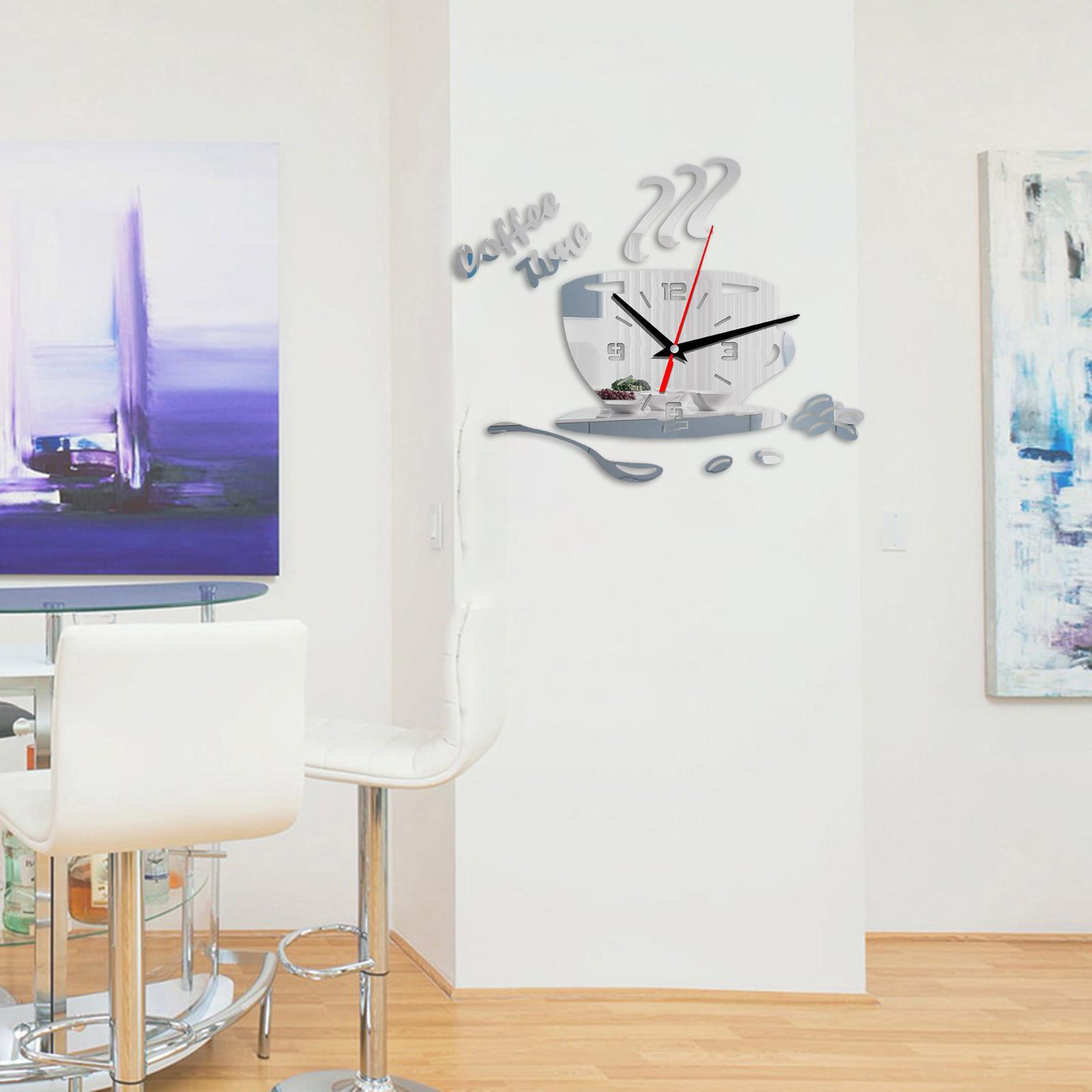 3D DIY Coffee Cup Wall Clock Watch Clocks Mirror for Office Decor silver