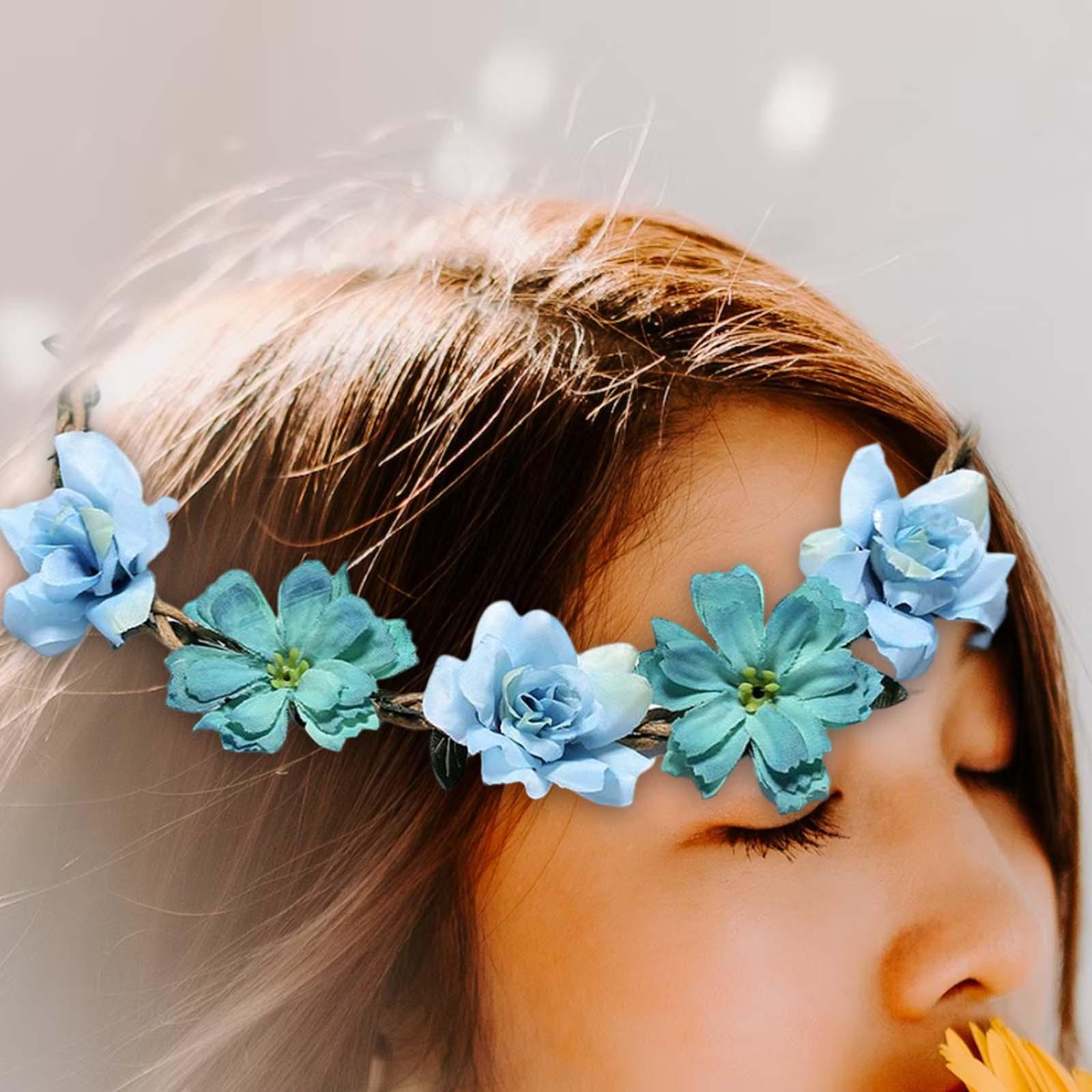 Floral Band Wreath Hair Garland Headpiece Adjustable for Prom blue