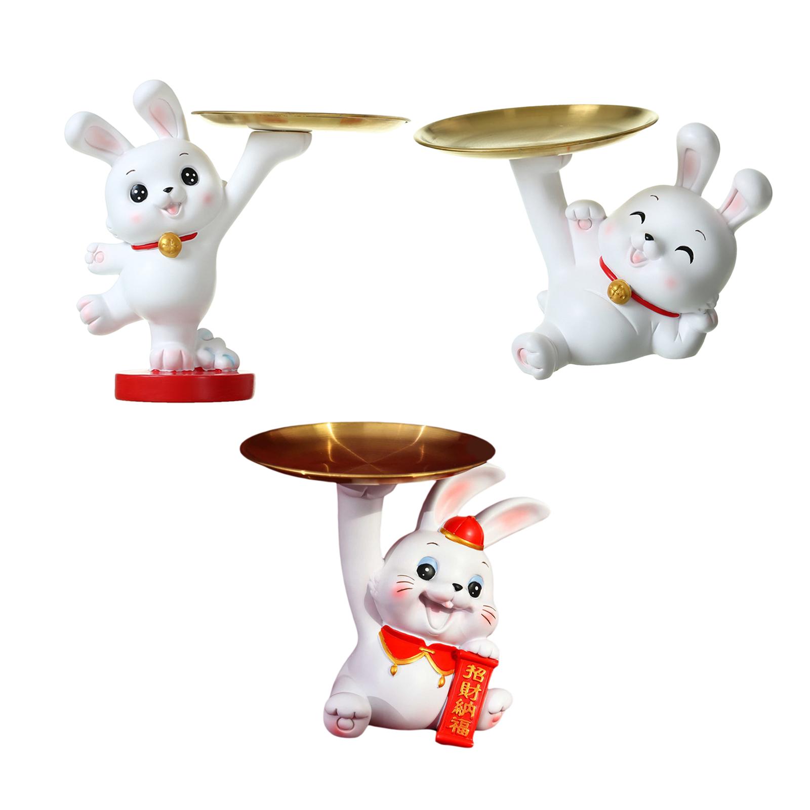 Cute Rabbit Statue with Tray Jewelry Storage for Bar Dining Room Decoration Standing