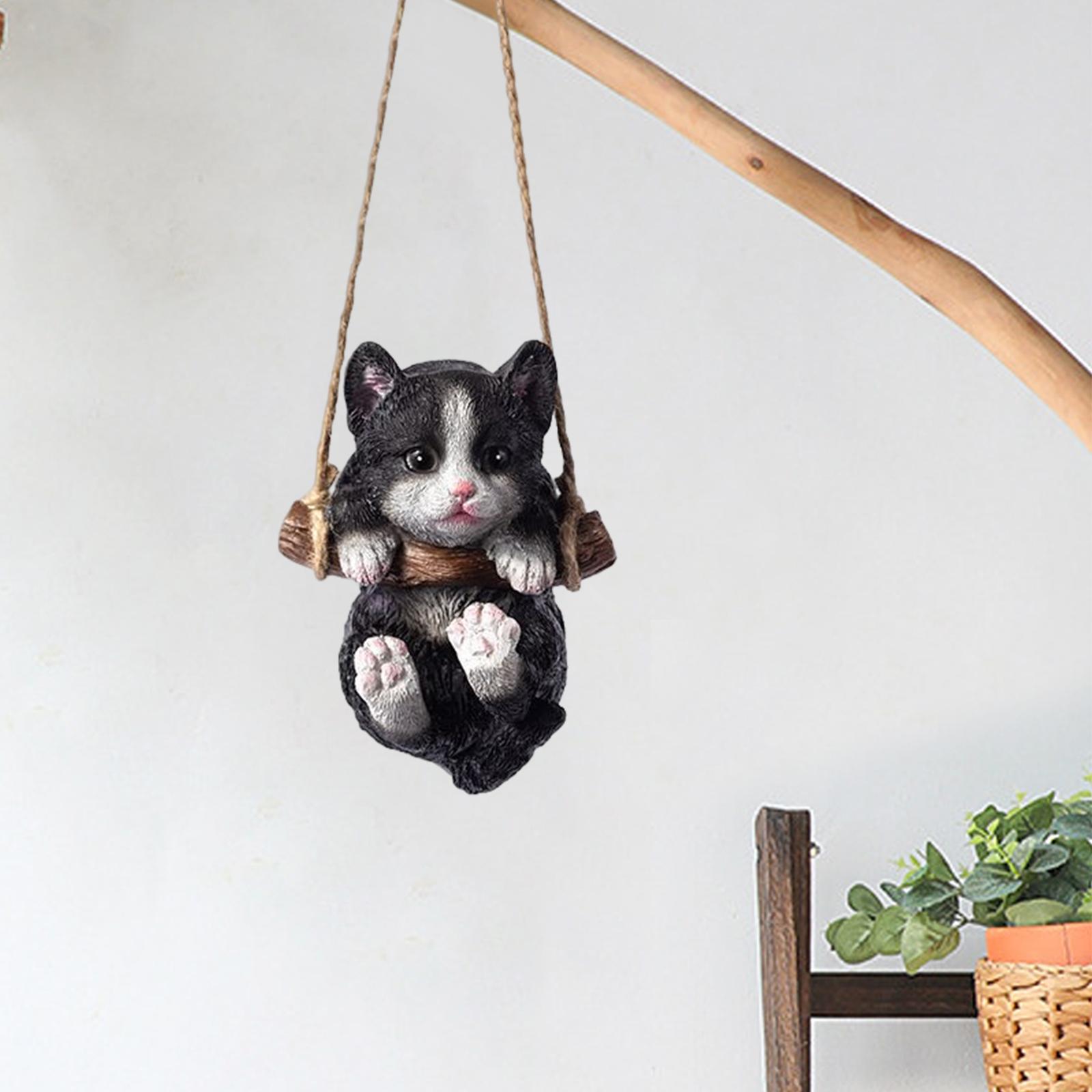 Hanging Swing Cat Statue Garden Figurine Pendant Decorative for Bedroom Home Black