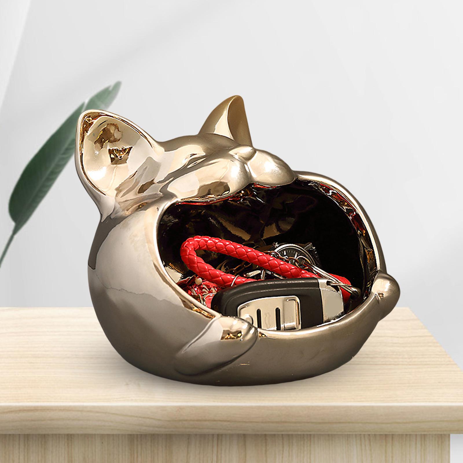 Cat Statue Figurine Trinket Storage Box Crafts for Desktop Living Room Party Plating Argent