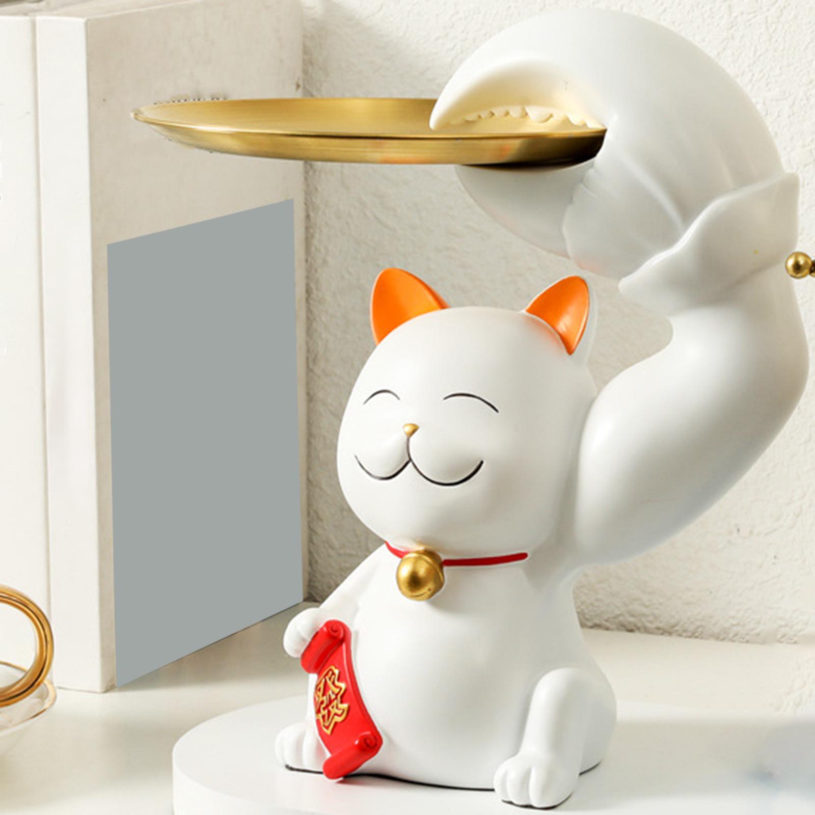 Cat Statue Resin Sculpture Creative Tray Storage for Party Drawing Room Home White