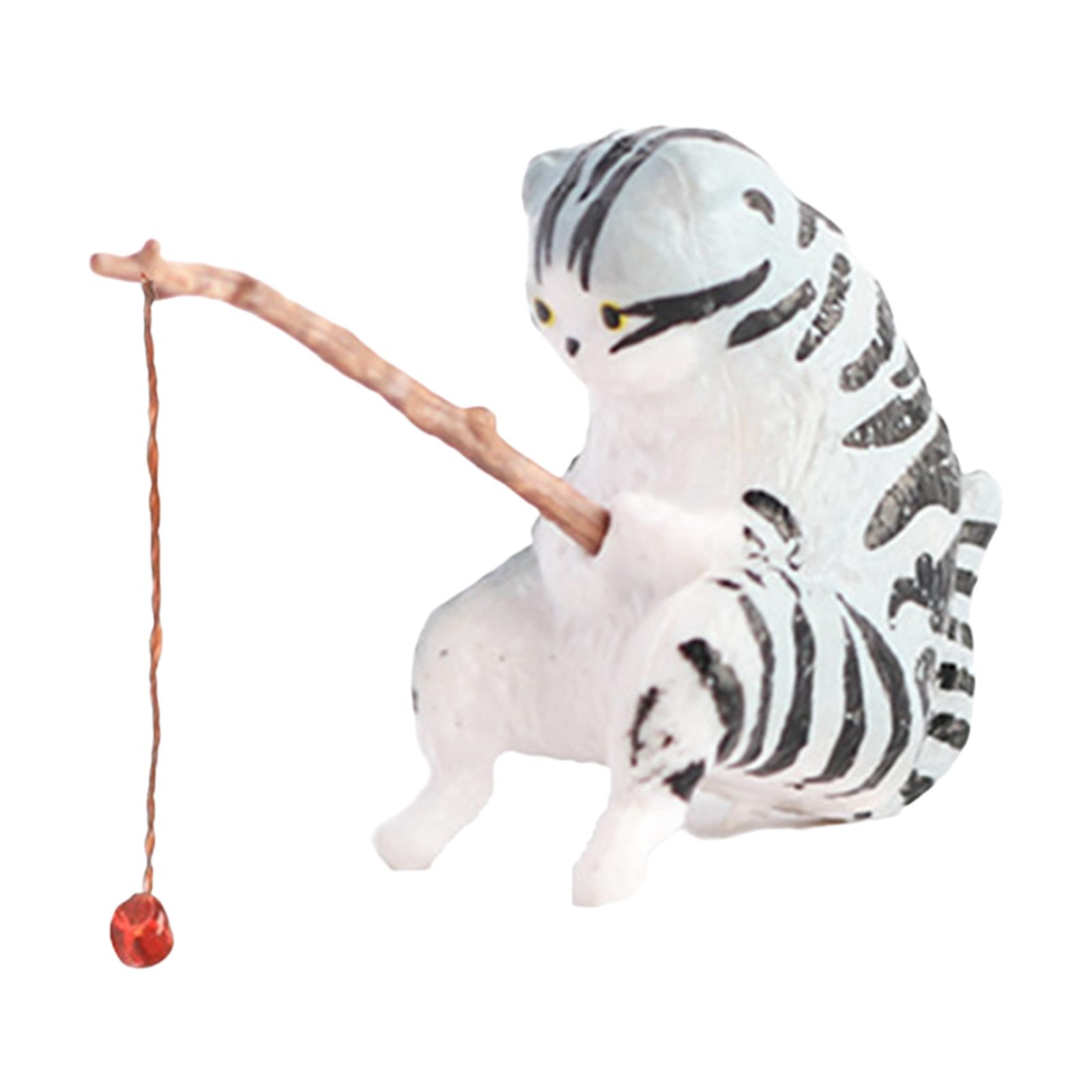Cat Fishing Figurine Decorative Kitten Fishing Ornament for Garden Gray Leopard