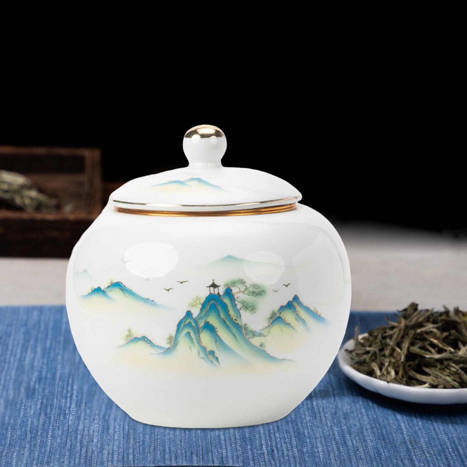 Porcelain Tea Canister for Loose Tea with Lid Food Storage Jar Multi Purpose Mountains