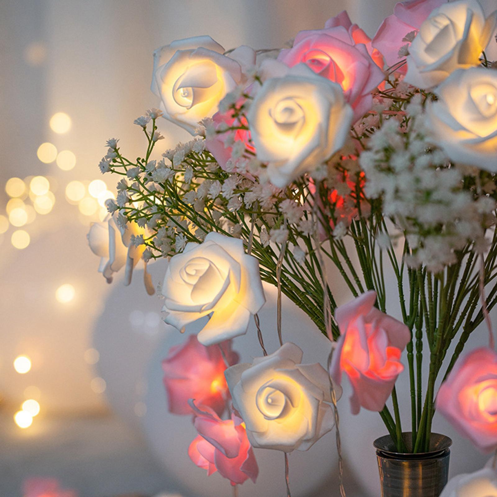 LED Rose String Fairy Lights Artificial Rose Flowers Bouquet Ornament White Pink