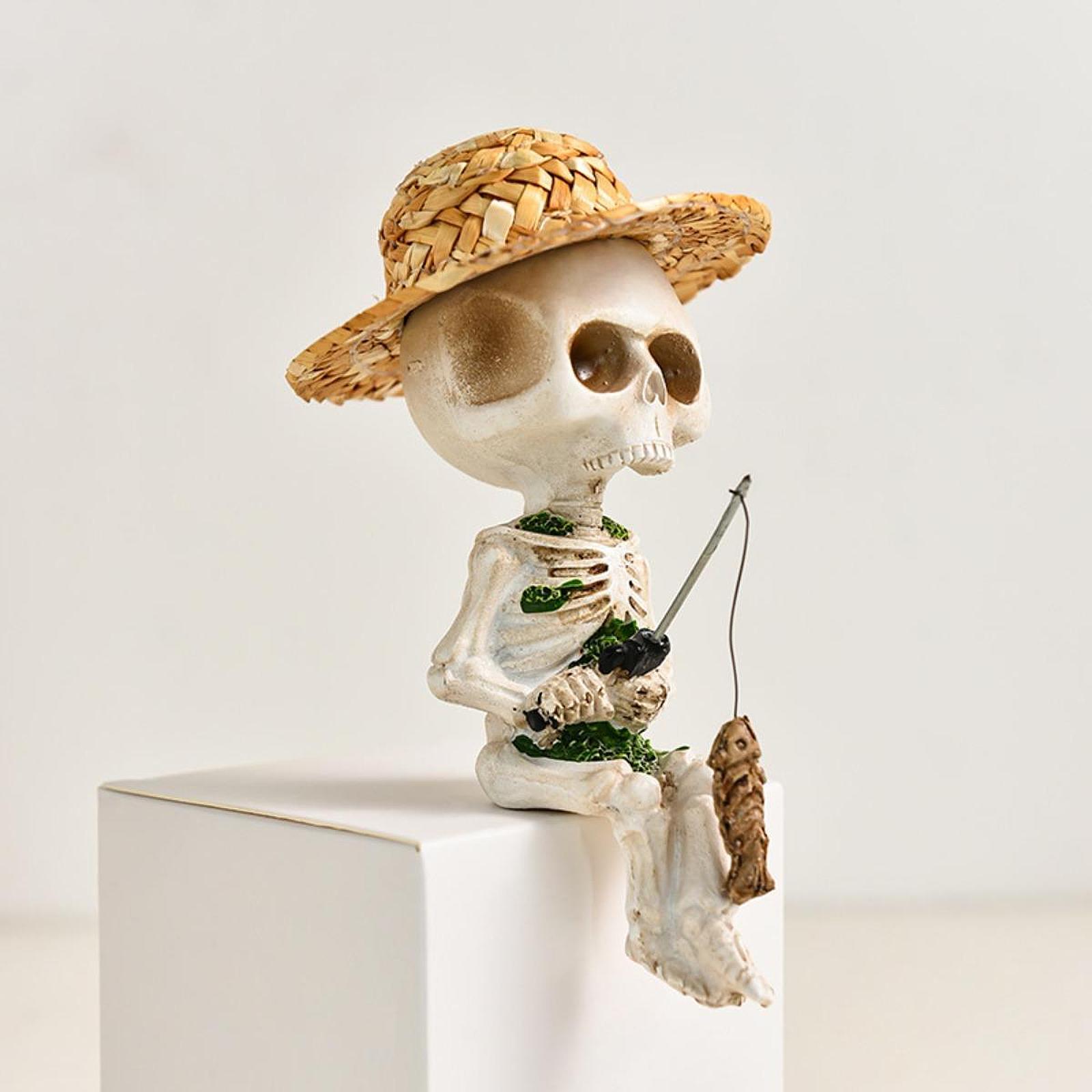 Fishing Skeleton Statue Craft Skeleton Ornament for Yard Courtyard Fish Tank