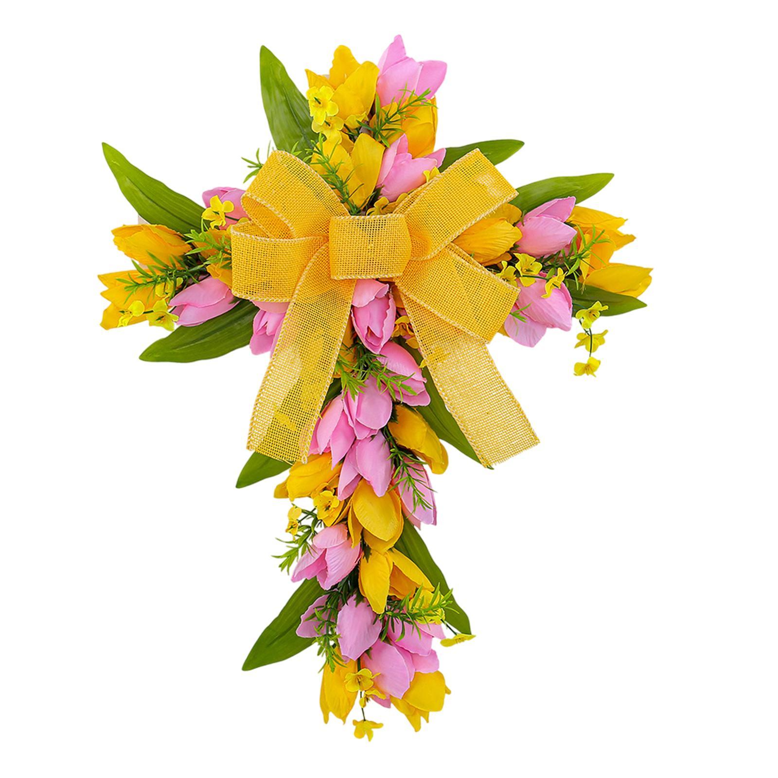 Easter Cross Wreath Pink Yellow Flowers