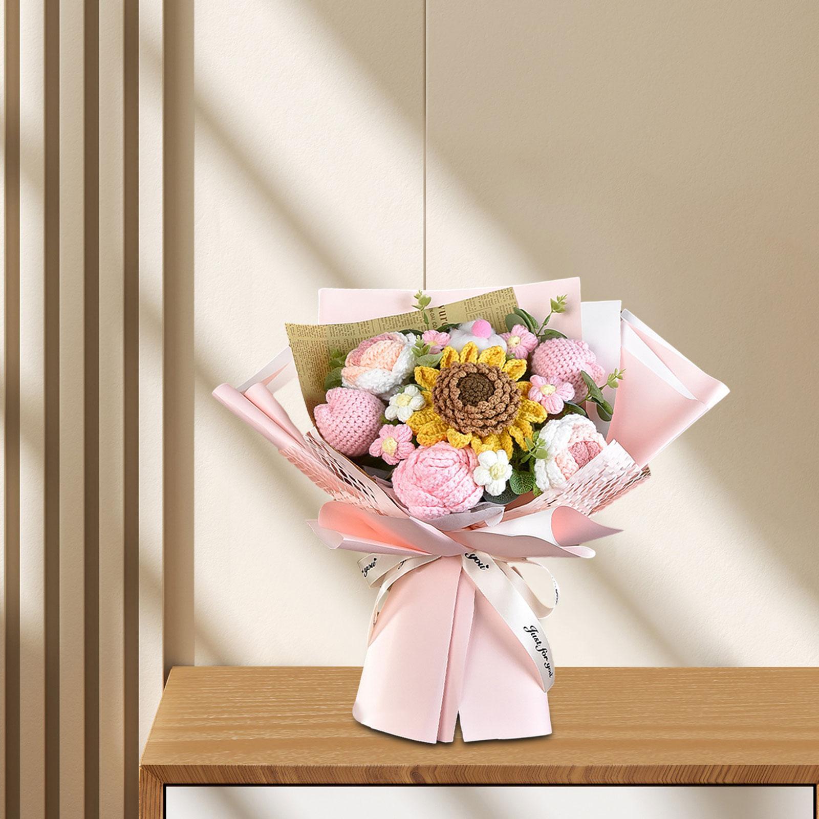 Crochet Flower Bouquet SpringAnniversary Home Handmade Artificial Sunflower Pink