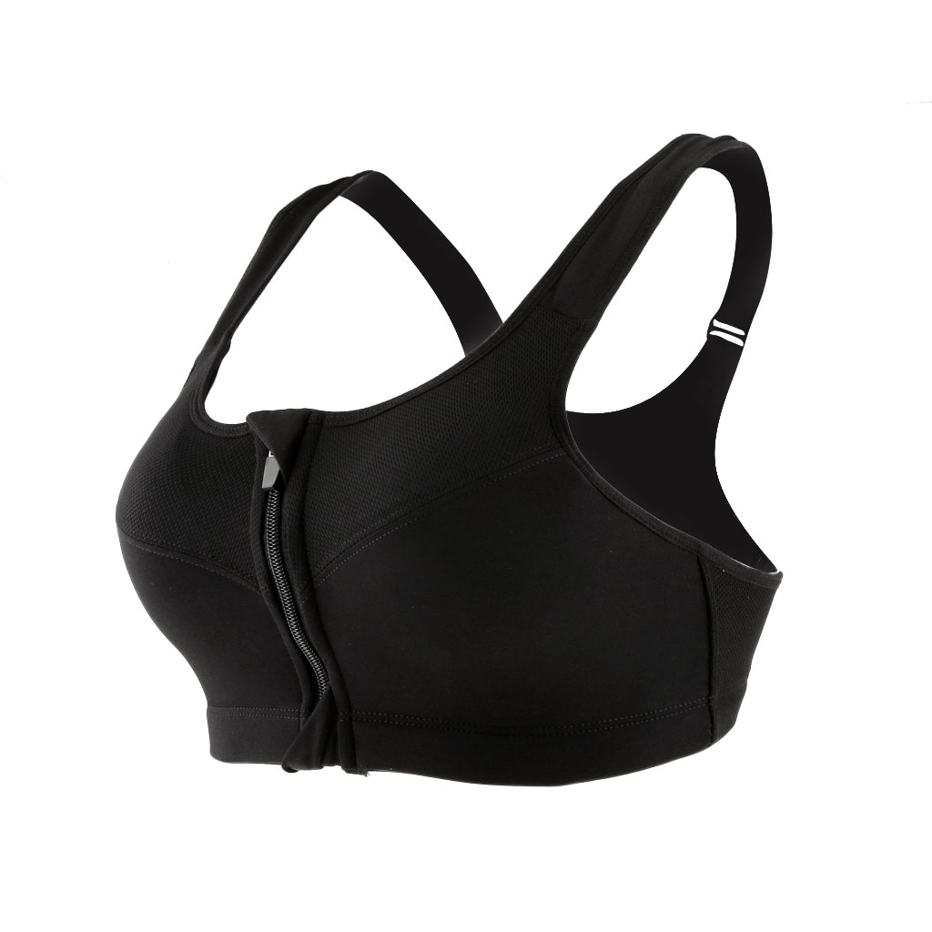 Front Zipper No Rims Gym Sports Bra Compression Underwear Yoga Top Black L
