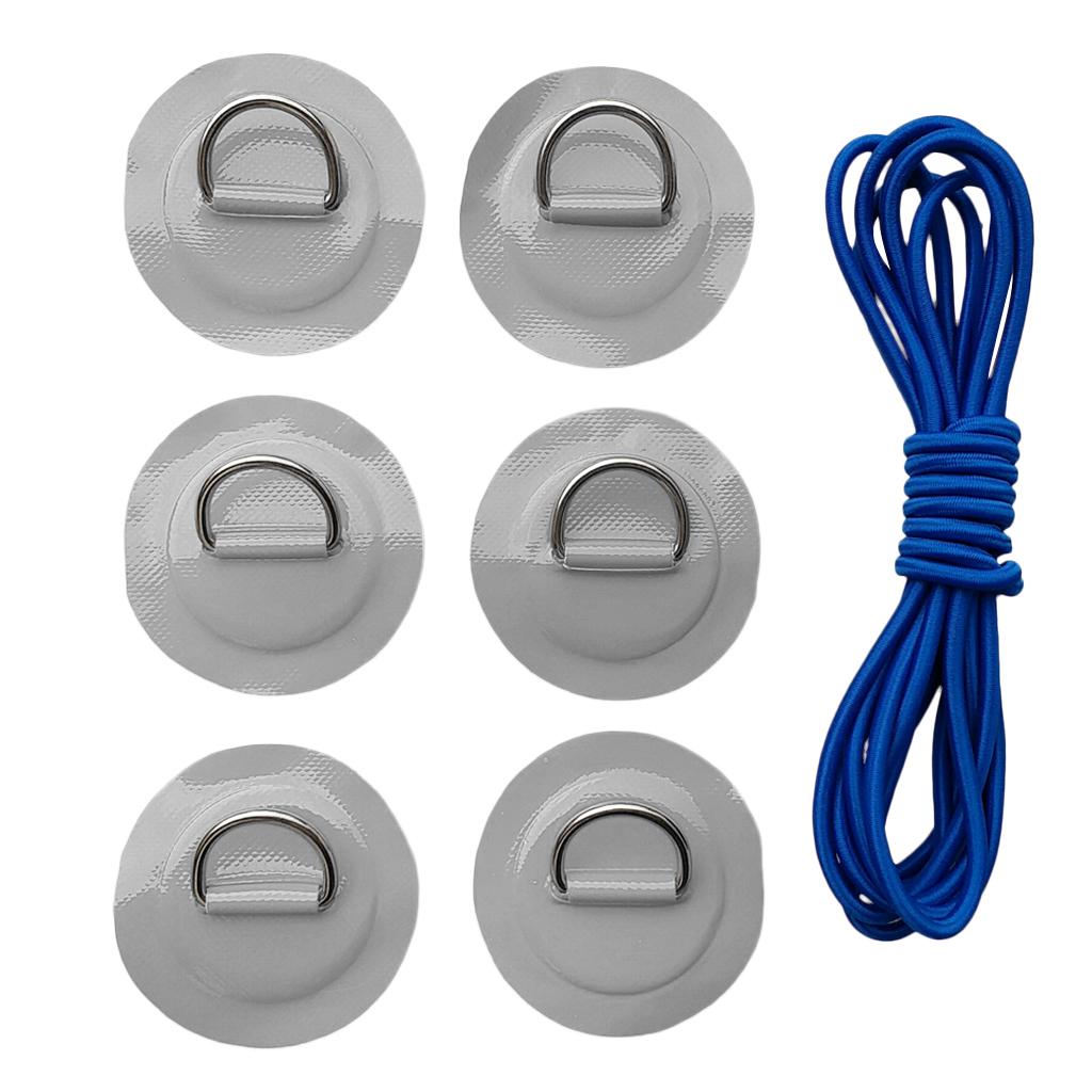 6 Pieces Inflatable Boat Kayak SUP D-ring Patch & Elastic Shock Cord Gray