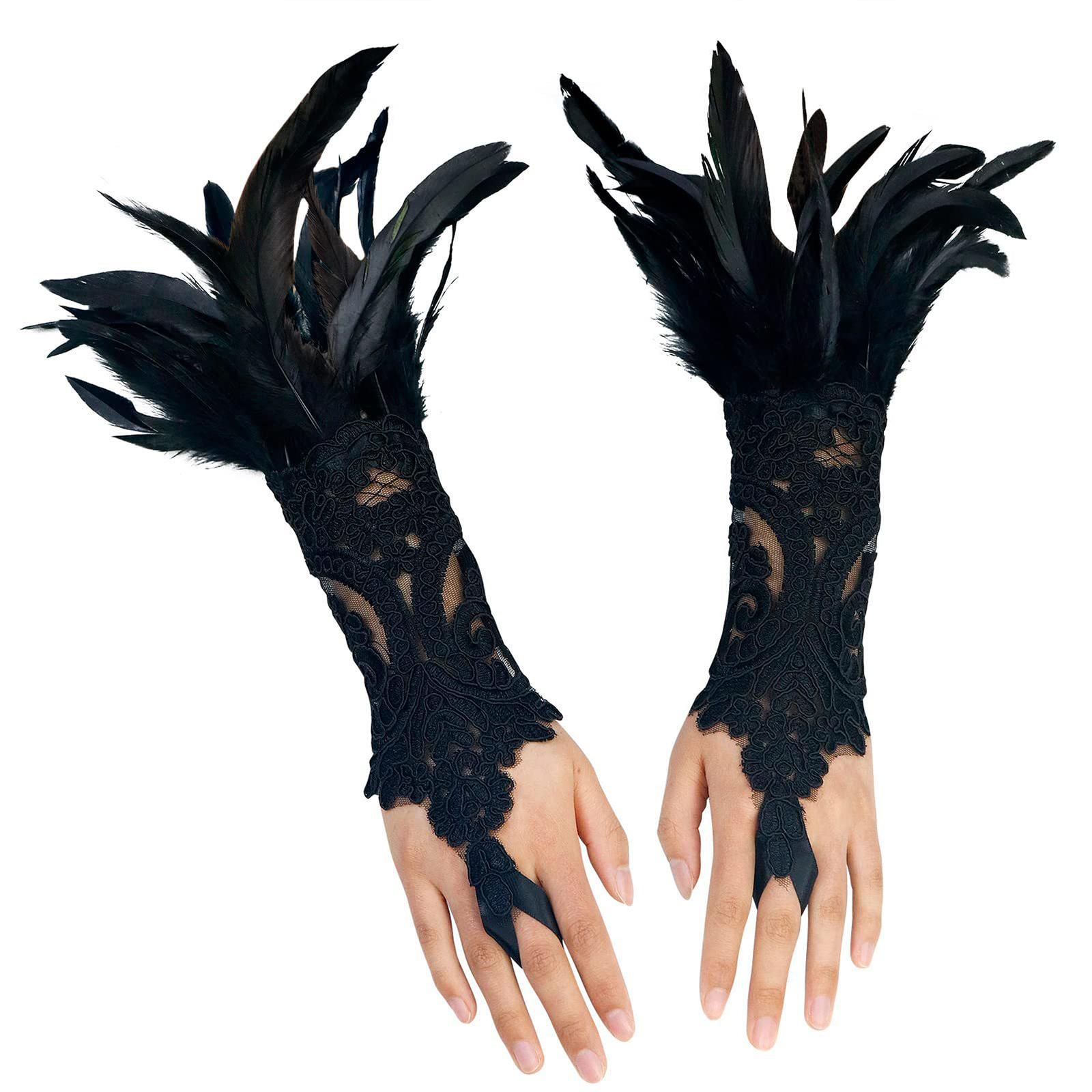 Punk Gothic Gloves Women Costume Feather Wrist Cuff for Showgirl Stage Show