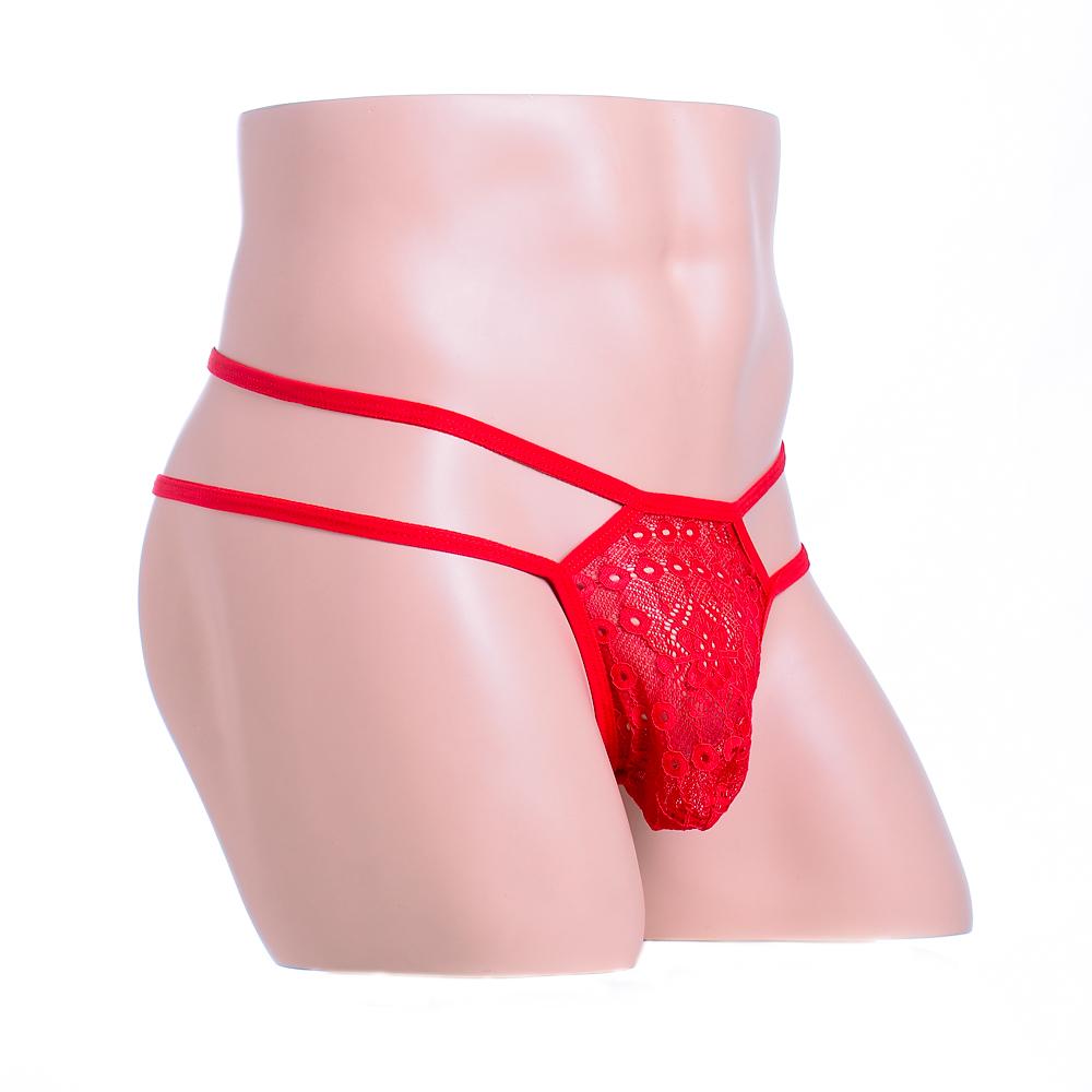 Men's Sexy Low Rise Underwear Lace Coins 2 Belts T-back Thongs Briefs Red