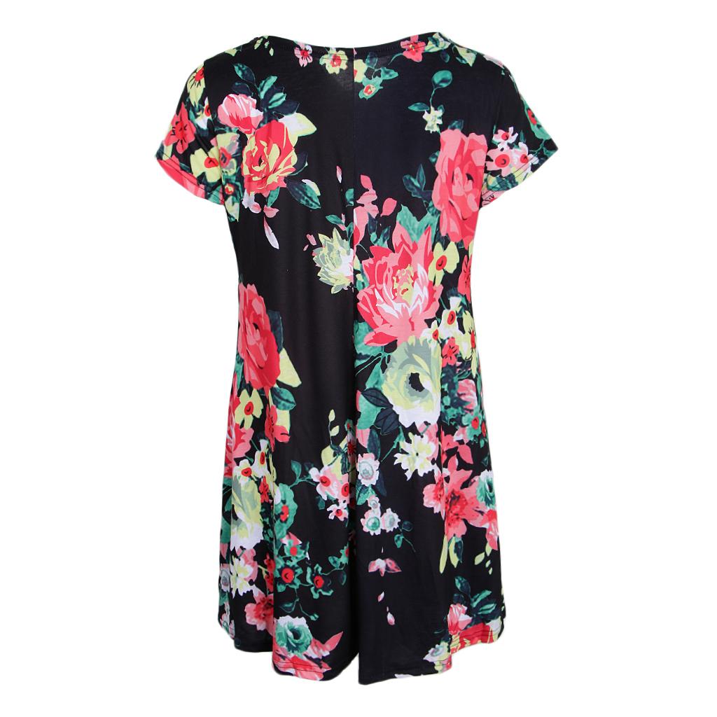 Women's Summer Short Sleeve Round Neck Floral Dress with Pocket Black XXL