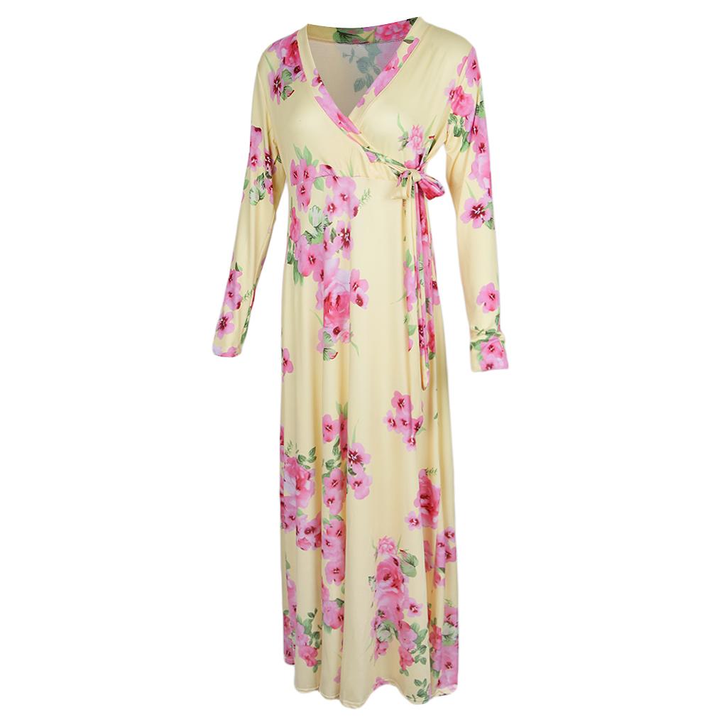 Women's Floral Maxi Dresses Long Sleeve V-Neck Sexy Beach Dress 2XL Yellow