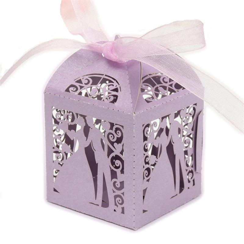 50pcs Laser Cut Groom and Bride Candy Boxes Wedding Party Favors Box Purple