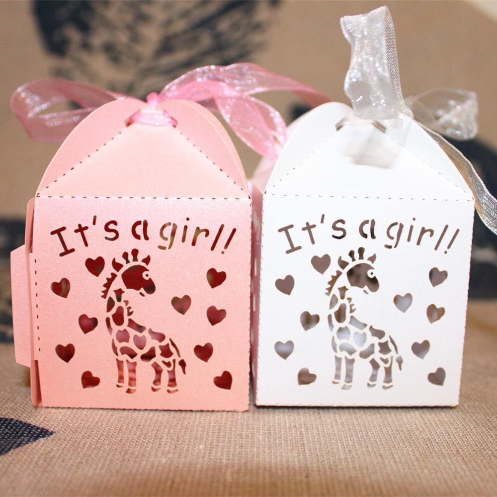 50pcs Laser Cut It's a Girl Candy Gift Boxes Ribbons Baby Shower Favor Pink