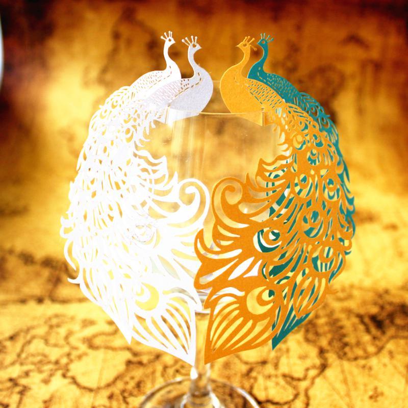 50pcs Wine Glass Place Card Laser Cut Peacock Wedding Party Favor White