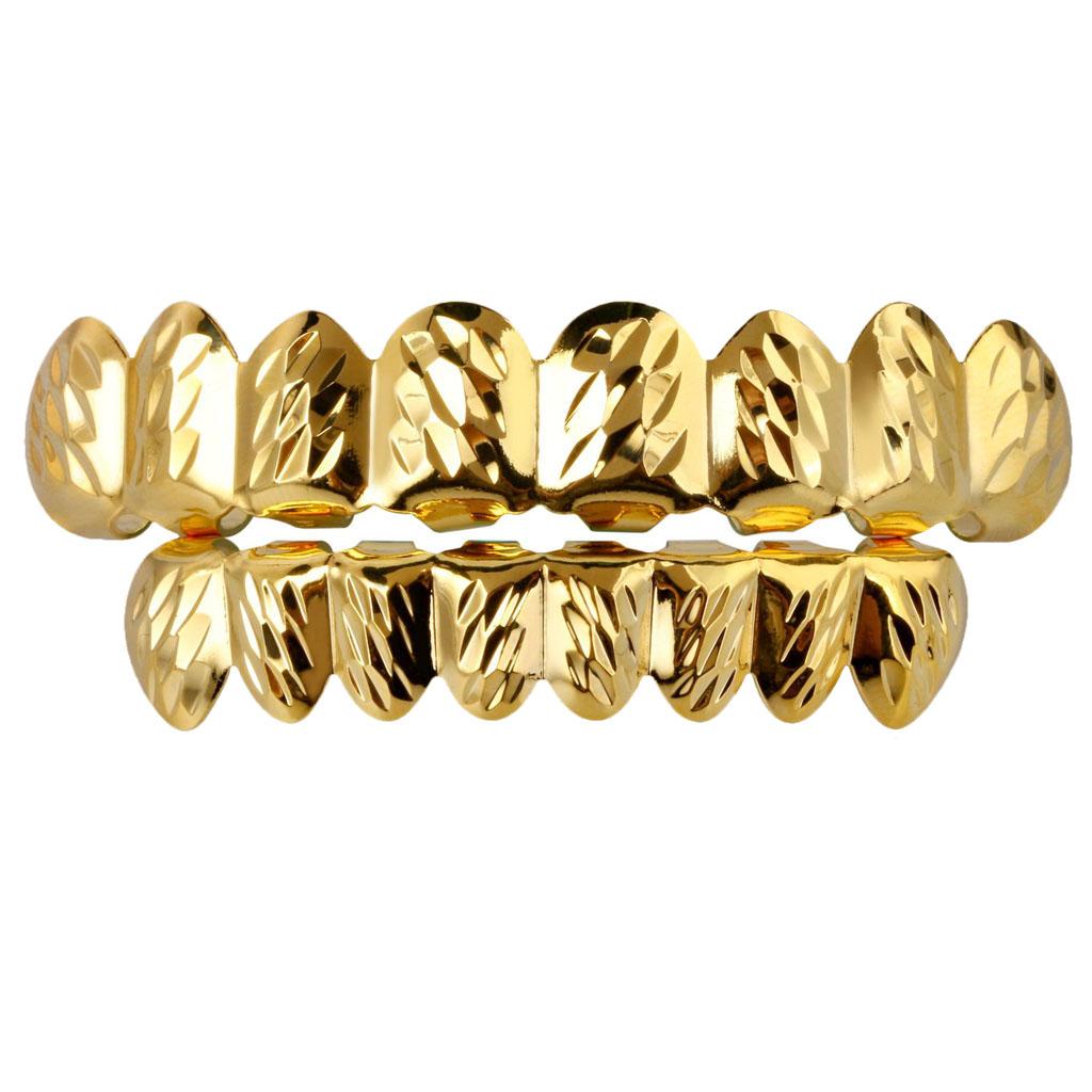 18k Plaqué Or Hip Hop Dentier Oblique Texture Grillz Set Unisexe