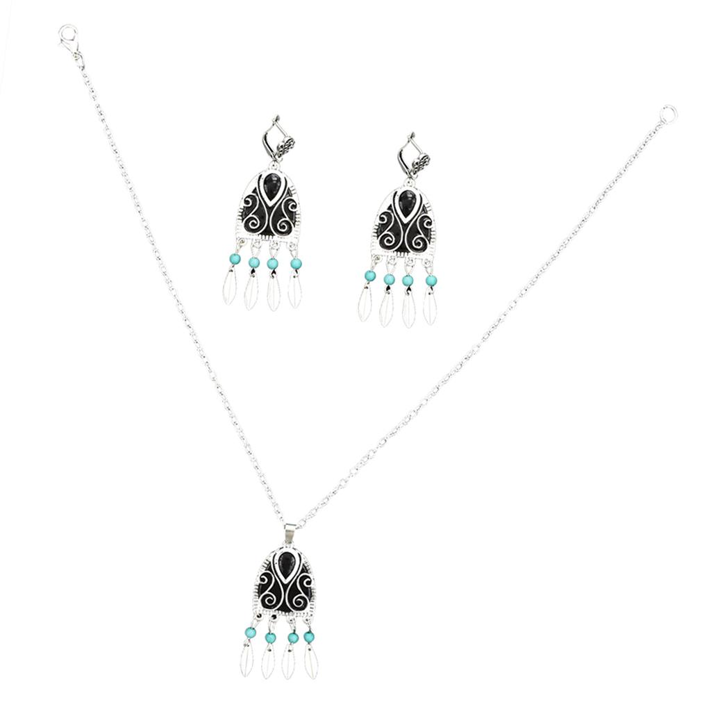 Retro Tassel Clavicular Chain Earring Carved Turquoise Charm Necklace  Green