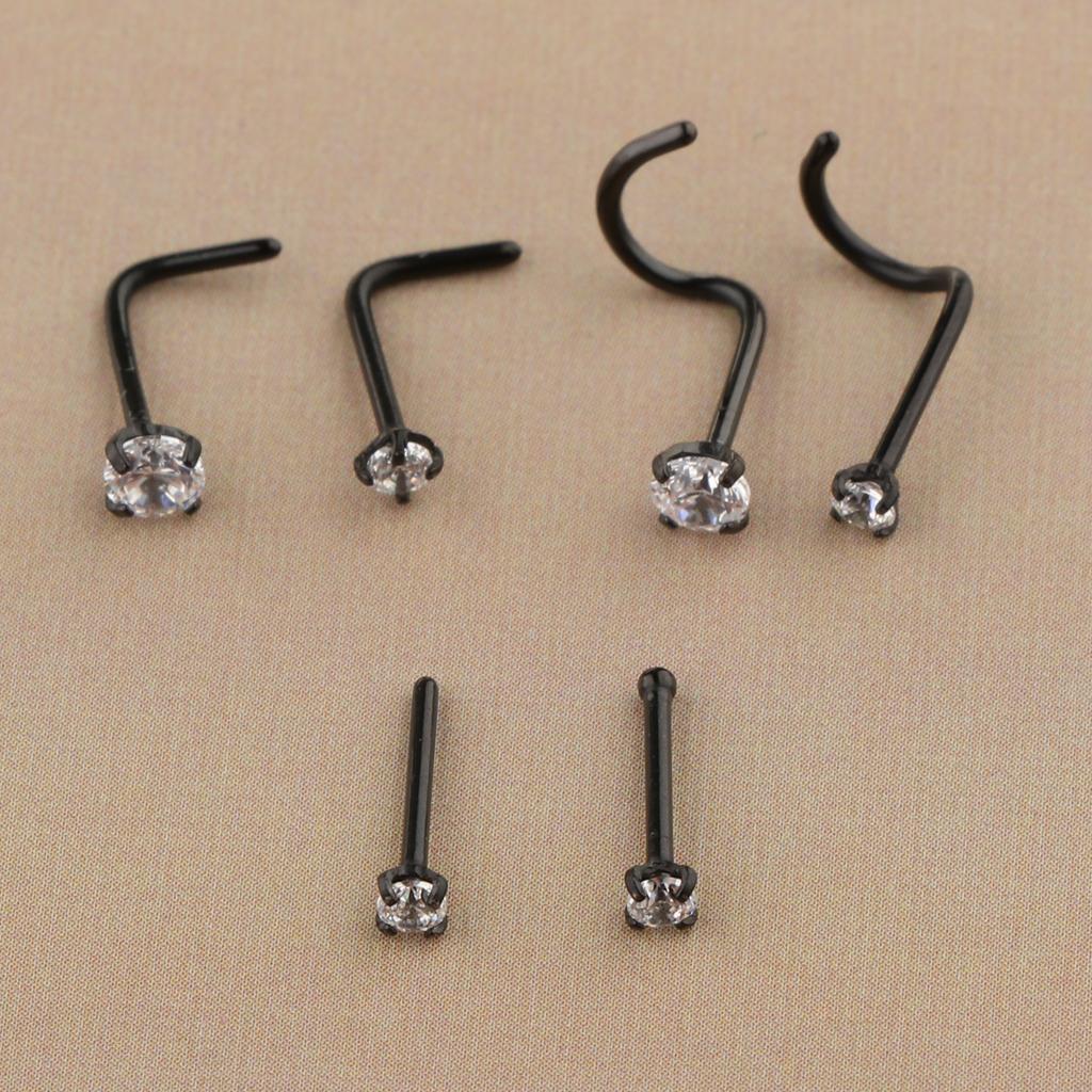 6 Pieces Stainless Steel Zircon Crystal Screw Curved Nose Piercing Black