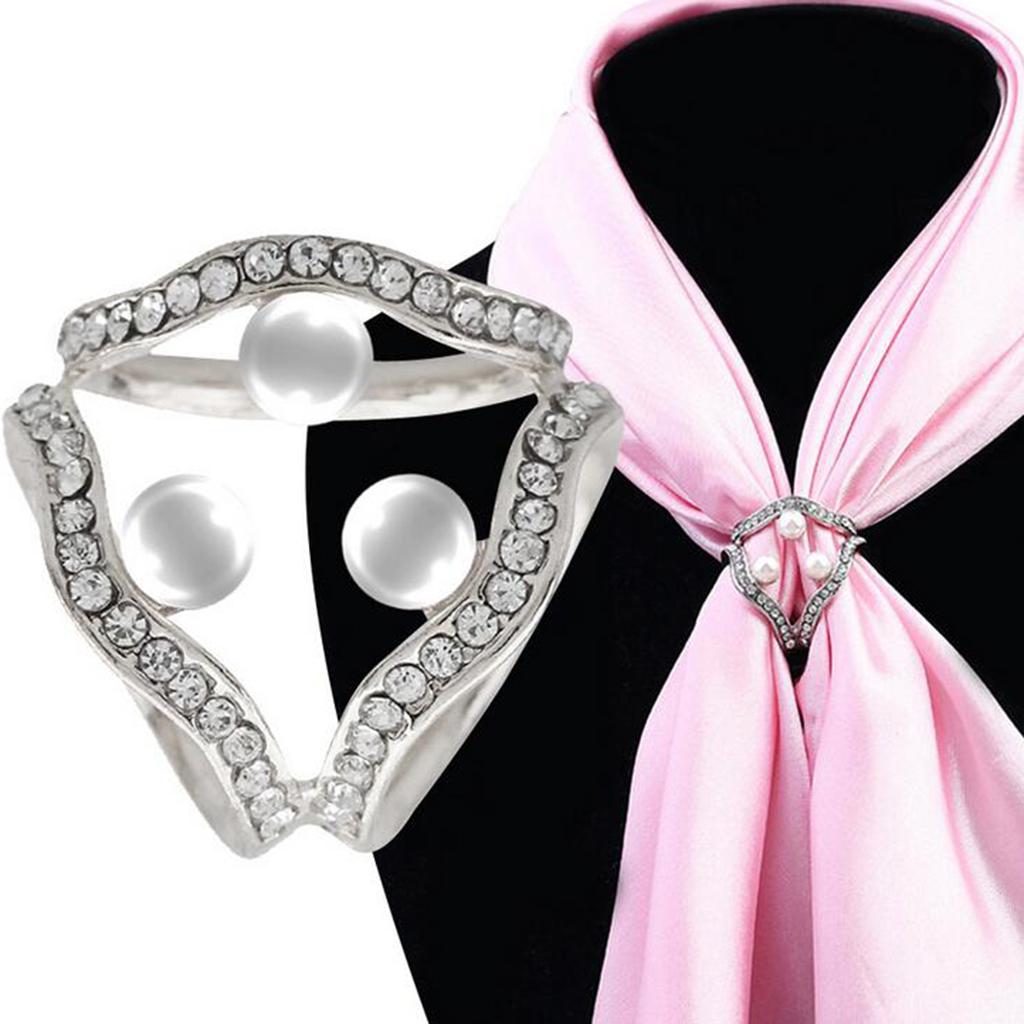 Elegant Pearl Crystal Rhinestone Scarf Ring Buckle Clip for Women Silver