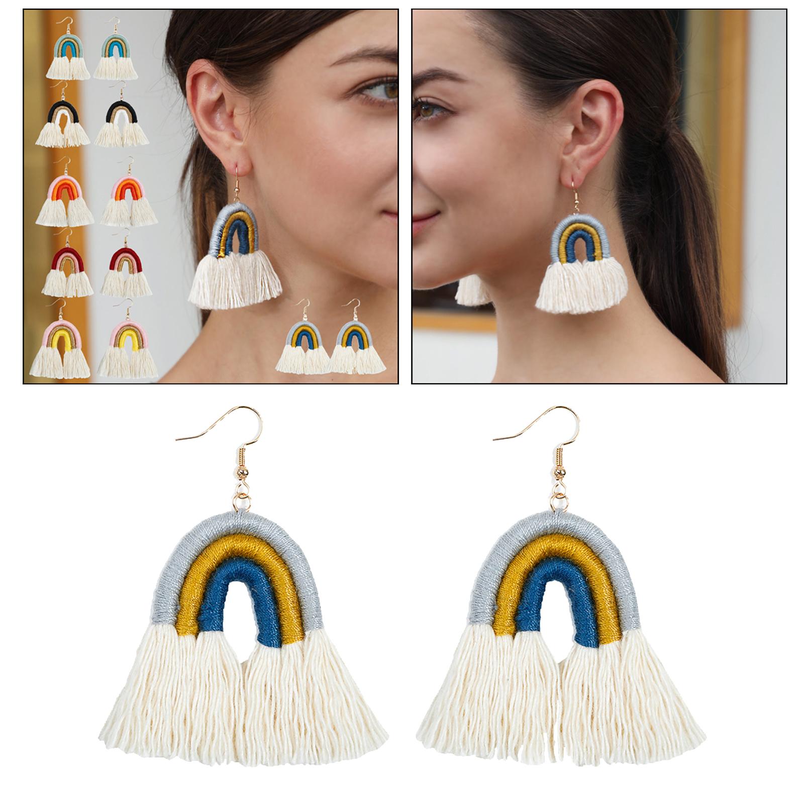 Fashion Jewelry Tassel Fringe Rainbow Shape Drop Dangle Earrings Gray