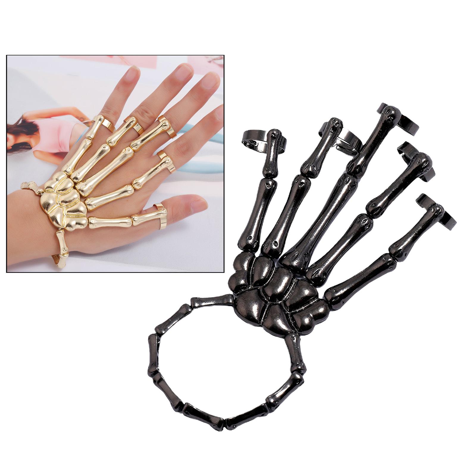 Skeleton Hand Bracelet with Rings Elasticity Wristband for Party black