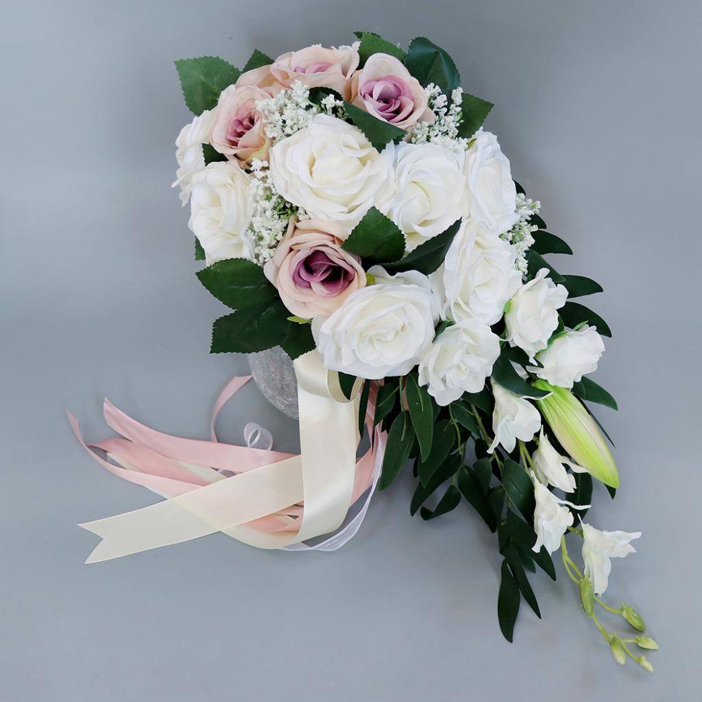 Wedding Hand Bouquet Bridal Holding Artificial Flowers White + Light Pink