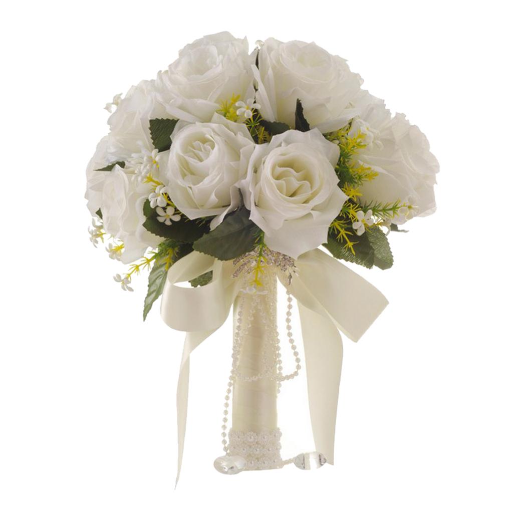 Artificial Rose Flowers Bride Bouquet Party Wedding Pearls Hand Flower