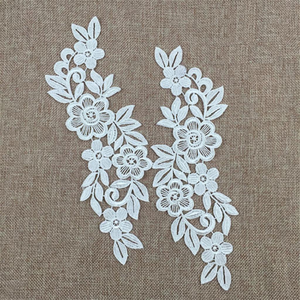 Pair White Floral Lace Applique Embroidered Sewing Craft Trims Applique
