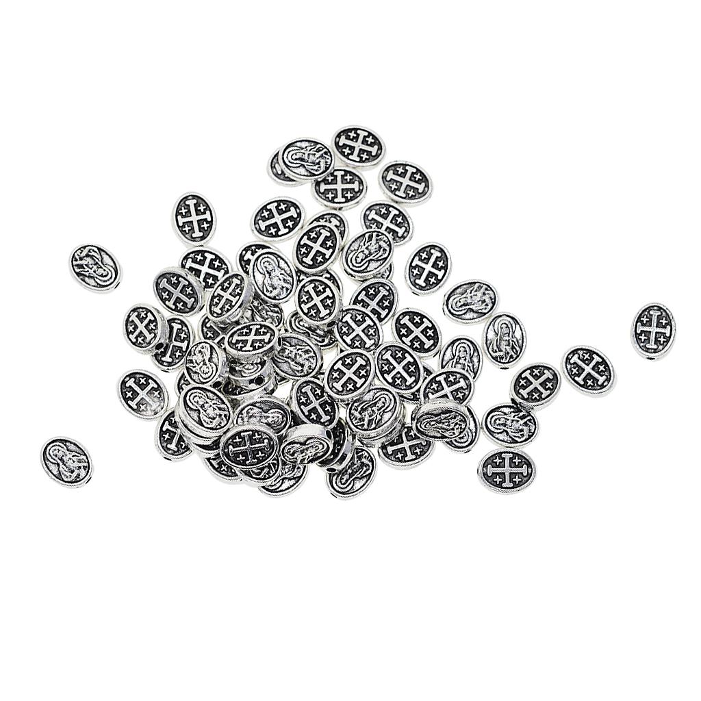 50 Pieces Tibetan Silver Alloy Mary Cross Oval Spacer Beads