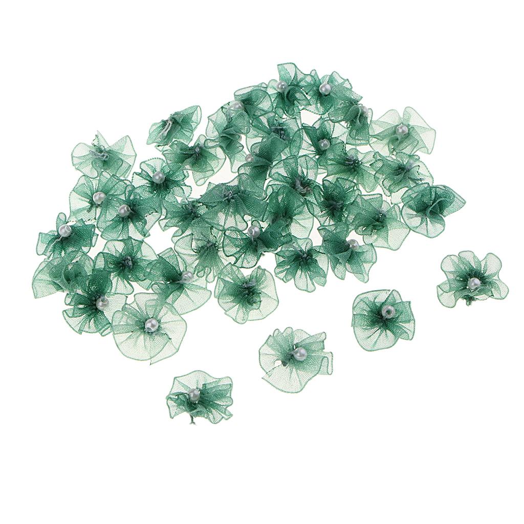 3x40 Chiffon Flowers with Pearl Flatback Buttons Embellishment DIY Craft Green