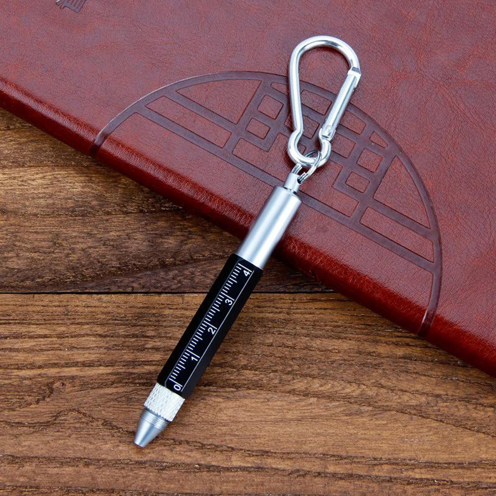 2xMultifunction Tool Ballpoint Pen 6 in 1 Ruler, Screwdriver Black Carabiner