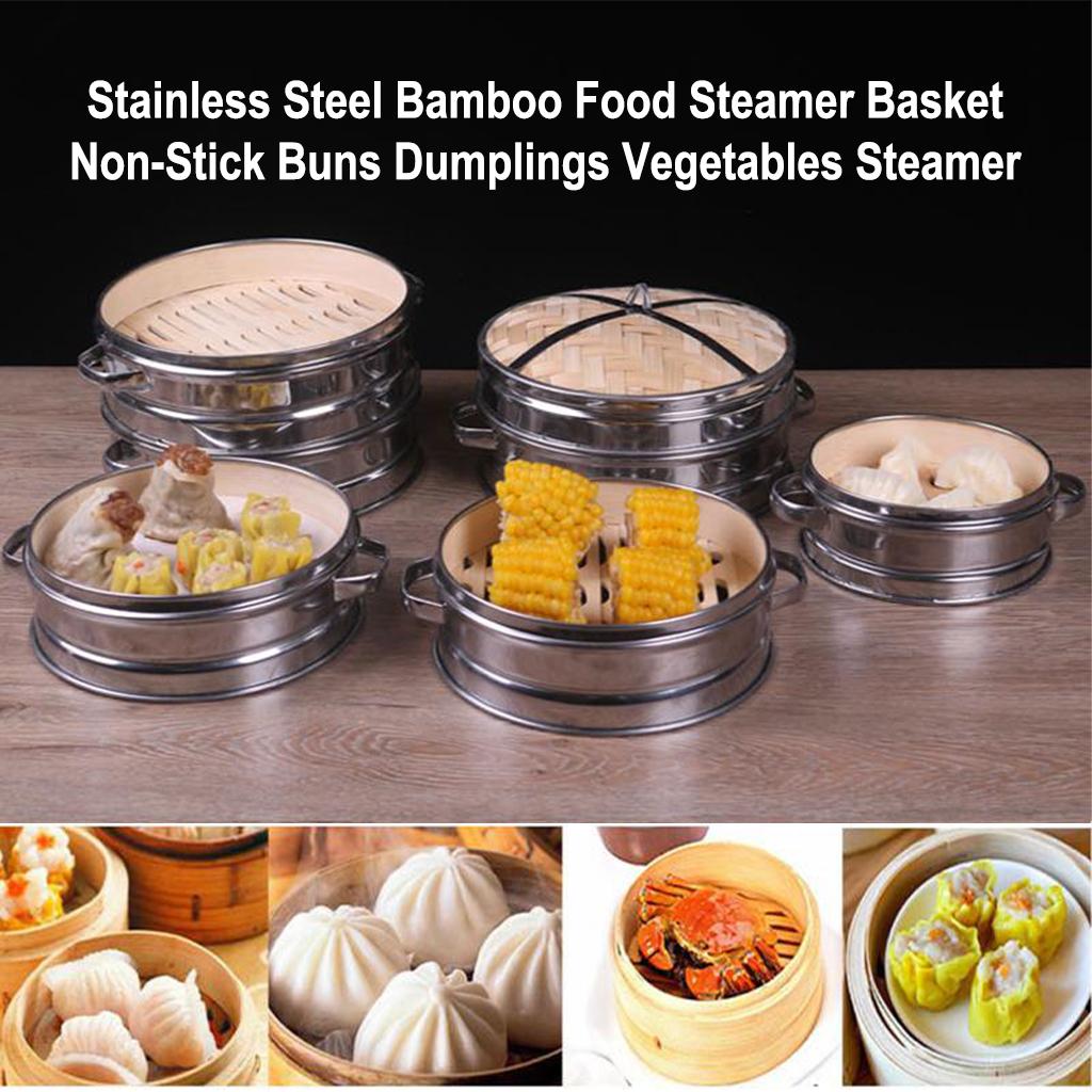 Stainless Steel Bamboo Dumplings Buns Steamer Basket Lid Pot 22cm Lid