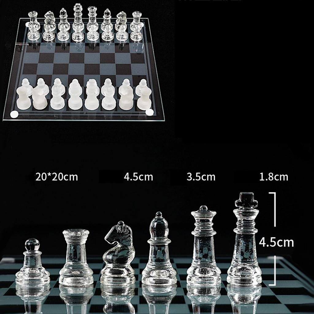 2xGlass Chess Set Elegant Pieces and Glass Board Game Frosted Clear 20x20cm