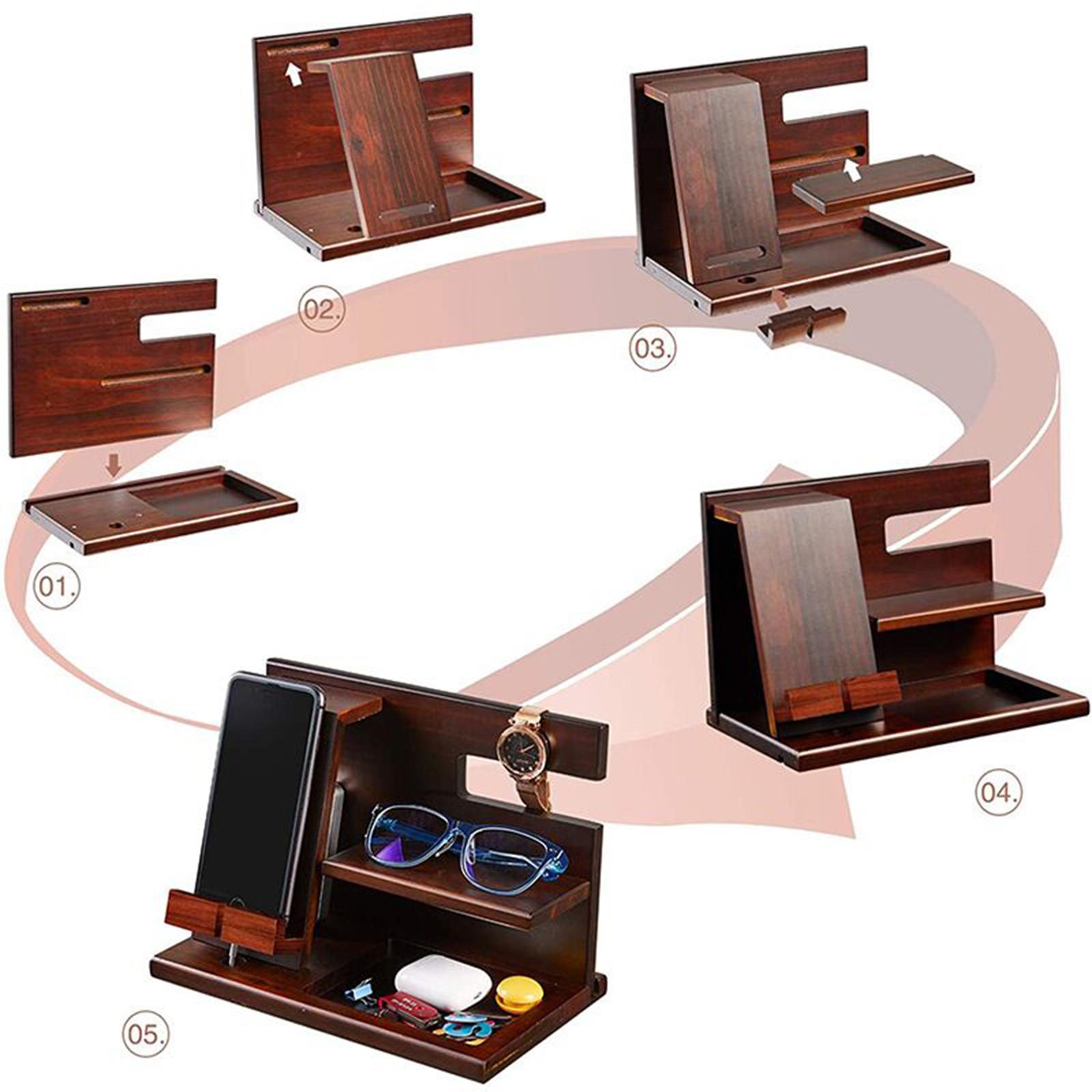 Wood Phone Docking Station Travel Key Holder Wallet Stand Watch Organizer