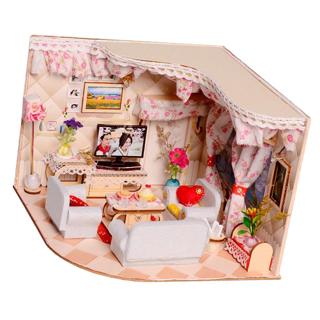 DIY Dolls House Kit Wooden Miniature with Furniture LED Lights Romance House