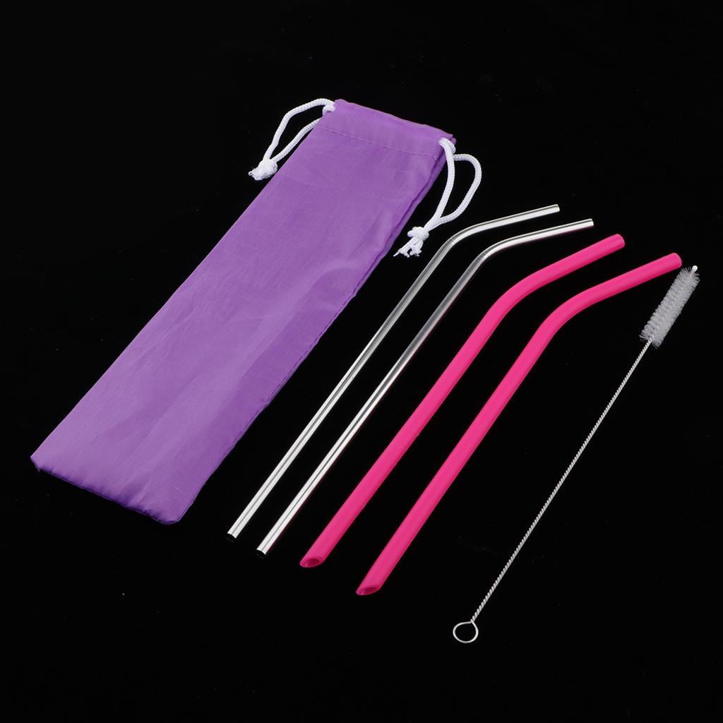 Reusable Drinking Straws 2pcs Silicone 2pcs Stainless and 1pc Cleaning Brush