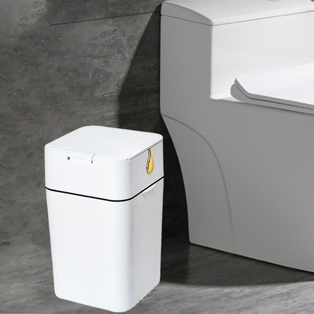 Trash Can with Press Type Lid Creative for Bathroom Office 15L Pearl White