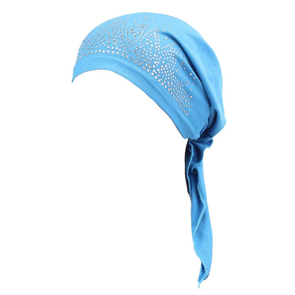 Women Head Scarf Pre Tied Chemo Hat Rhinestone Beanie Turban Headwear Blue