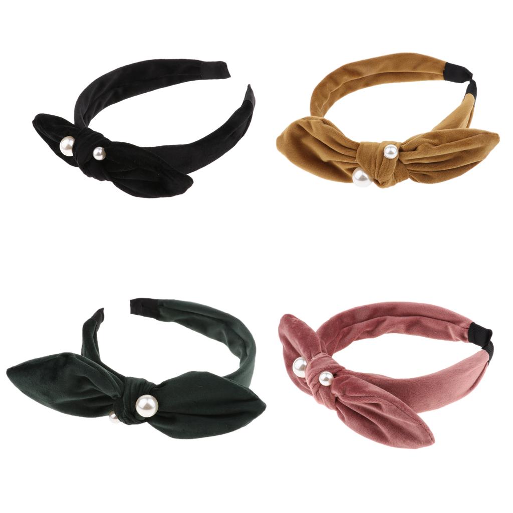 Women Hairband Bowknot Pearl Headband Elastic Alice Band Hair Hoop Yellow